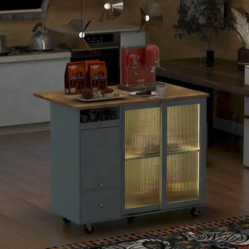 Isola per cucina in legno con LED da 44.03 pollici con ante a battente e ante scorrevoli in vetro