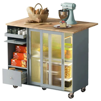 Isola per cucina in legno con LED da 44.03 pollici con ante a battente e ante scorrevoli in vetro