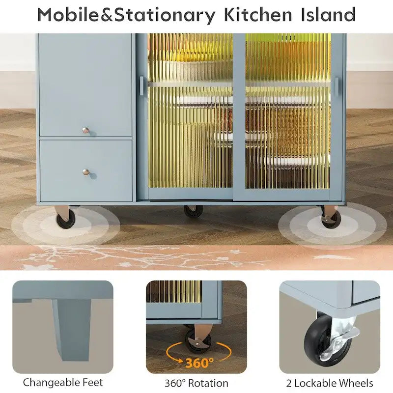 Isola per cucina in legno con LED da 44.03 pollici con ante a battente e ante scorrevoli in vetro
