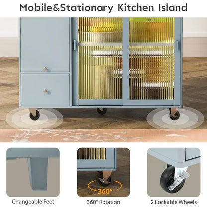 Isola per cucina in legno con LED da 44.03 pollici con ante a battente e ante scorrevoli in vetro