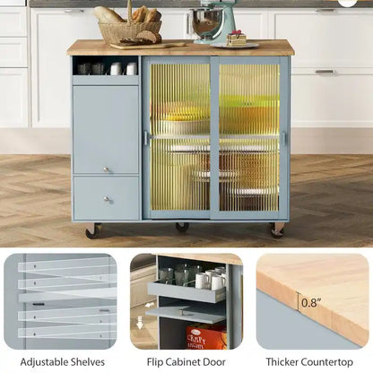 Isola per cucina in legno con LED da 44.03 pollici con ante a battente e ante scorrevoli in vetro