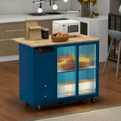 Isola per cucina in legno con LED da 44.03 pollici con ante a battente e ante scorrevoli in vetro