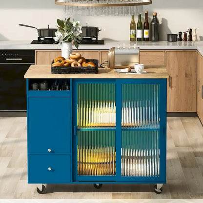 Isola per cucina in legno con LED da 44.03 pollici con ante a battente e ante scorrevoli in vetro