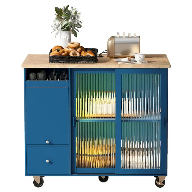 Isola per cucina in legno con LED da 44.03 pollici con ante a battente e ante scorrevoli in vetro