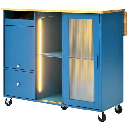 Isola per cucina in legno con LED da 44.03 pollici con ante a battente e ante scorrevoli in vetro