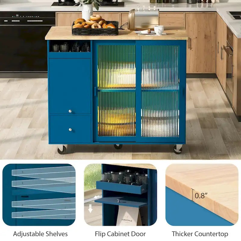Isola per cucina in legno con LED da 44.03 pollici con ante a battente e ante scorrevoli in vetro