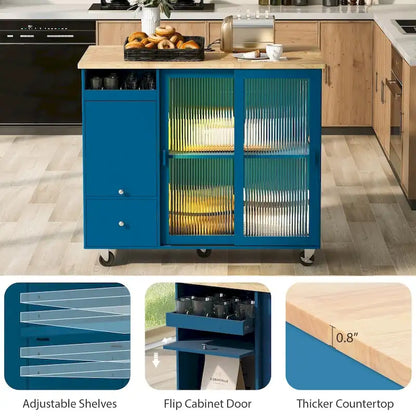 Isola per cucina in legno con LED da 44.03 pollici con ante a battente e ante scorrevoli in vetro