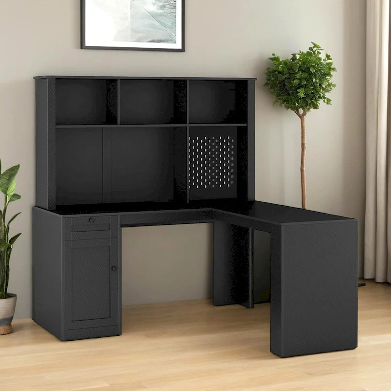 Scrivania a L con caricatore, scrivania per computer con cassetti, libreria e mobile pensile con luce a LED, scrivania angolare moderna, scrivania per ufficio domestico