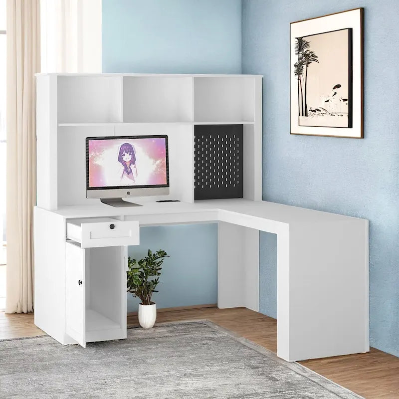 Scrivania a L con caricatore, scrivania per computer con cassetti, libreria e mobile pensile con luce a LED, scrivania angolare moderna, scrivania per ufficio domestico