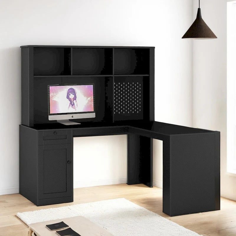 Scrivania a L con caricatore, scrivania per computer con cassetti, libreria e mobile pensile con luce a LED, scrivania angolare moderna, scrivania per ufficio domestico