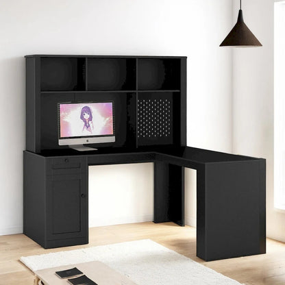 Scrivania a L con caricatore, scrivania per computer con cassetti, libreria e mobile pensile con luce a LED, scrivania angolare moderna, scrivania per ufficio domestico