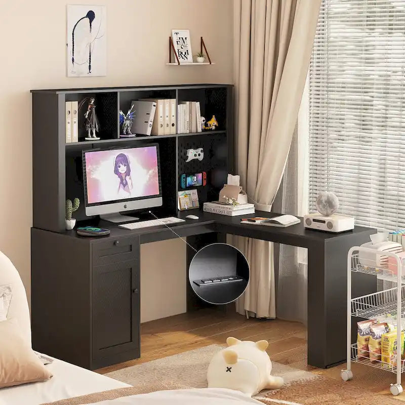 Scrivania a L con caricatore, scrivania per computer con cassetti, libreria e mobile pensile con luce a LED, scrivania angolare moderna, scrivania per ufficio domestico
