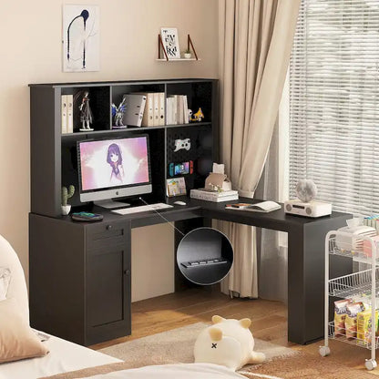 Scrivania a L con caricatore, scrivania per computer con cassetti, libreria e mobile pensile con luce a LED, scrivania angolare moderna, scrivania per ufficio domestico