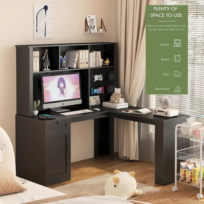 Scrivania a L con caricatore, scrivania per computer con cassetti, libreria e mobile pensile con luce a LED, scrivania angolare moderna, scrivania per ufficio domestico