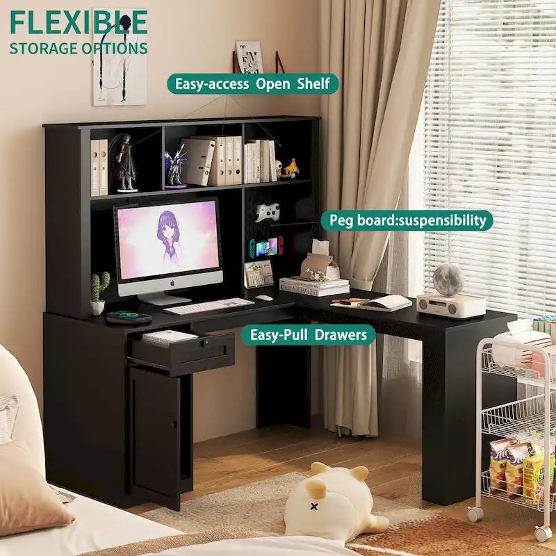 Scrivania a L con caricatore, scrivania per computer con cassetti, libreria e mobile pensile con luce a LED, scrivania angolare moderna, scrivania per ufficio domestico
