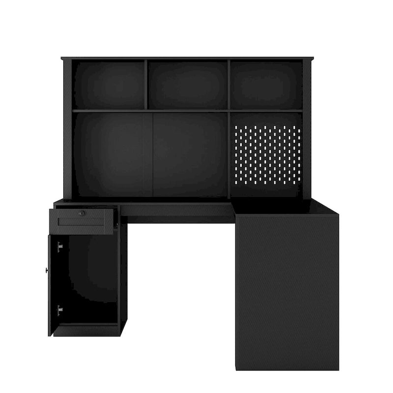 Scrivania a L con caricatore, scrivania per computer con cassetti, libreria e mobile pensile con luce a LED, scrivania angolare moderna, scrivania per ufficio domestico