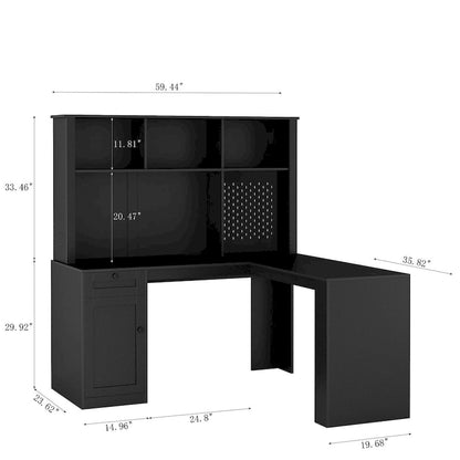 Scrivania a L con caricatore, scrivania per computer con cassetti, libreria e mobile pensile con luce a LED, scrivania angolare moderna, scrivania per ufficio domestico