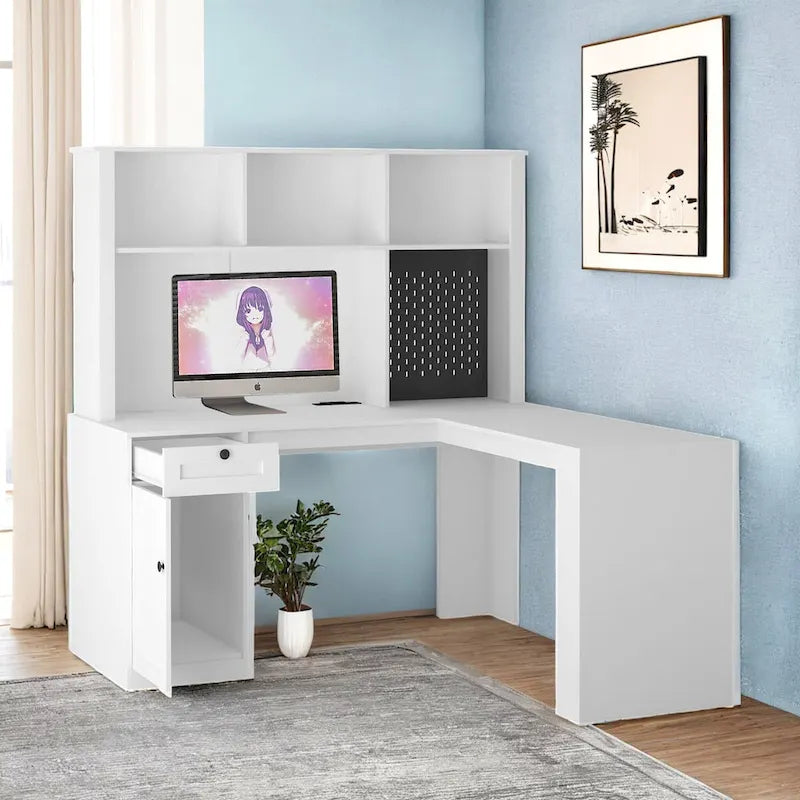 Scrivania a L con caricatore, scrivania per computer con cassetti, libreria e mobile pensile con luce a LED, scrivania angolare moderna, scrivania per ufficio domestico