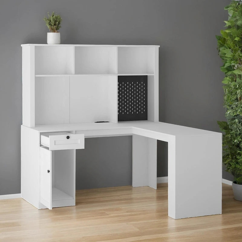 Scrivania a L con caricatore, scrivania per computer con cassetti, libreria e mobile pensile con luce a LED, scrivania angolare moderna, scrivania per ufficio domestico
