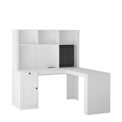 Scrivania a L con caricatore, scrivania per computer con cassetti, libreria e mobile pensile con luce a LED, scrivania angolare moderna, scrivania per ufficio domestico