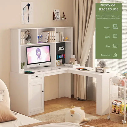 Scrivania a L con caricatore, scrivania per computer con cassetti, libreria e mobile pensile con luce a LED, scrivania angolare moderna, scrivania per ufficio domestico