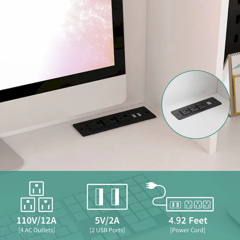 Scrivania a L con caricatore, scrivania per computer con cassetti, libreria e mobile pensile con luce a LED, scrivania angolare moderna, scrivania per ufficio domestico