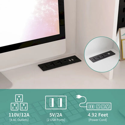 Scrivania a L con caricatore, scrivania per computer con cassetti, libreria e mobile pensile con luce a LED, scrivania angolare moderna, scrivania per ufficio domestico
