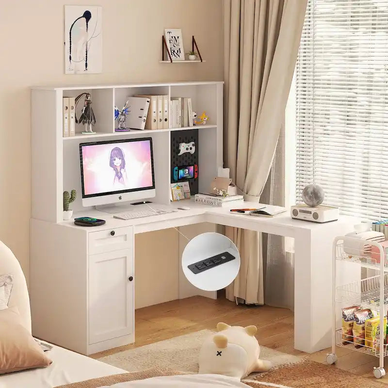 Scrivania a L con caricatore, scrivania per computer con cassetti, libreria e mobile pensile con luce a LED, scrivania angolare moderna, scrivania per ufficio domestico