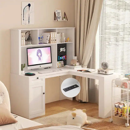 Scrivania a L con caricatore, scrivania per computer con cassetti, libreria e mobile pensile con luce a LED, scrivania angolare moderna, scrivania per ufficio domestico
