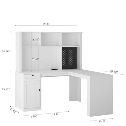 Scrivania a L con caricatore, scrivania per computer con cassetti, libreria e mobile pensile con luce a LED, scrivania angolare moderna, scrivania per ufficio domestico