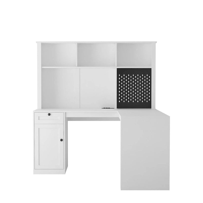 Scrivania a L con caricatore, scrivania per computer con cassetti, libreria e mobile pensile con luce a LED, scrivania angolare moderna, scrivania per ufficio domestico