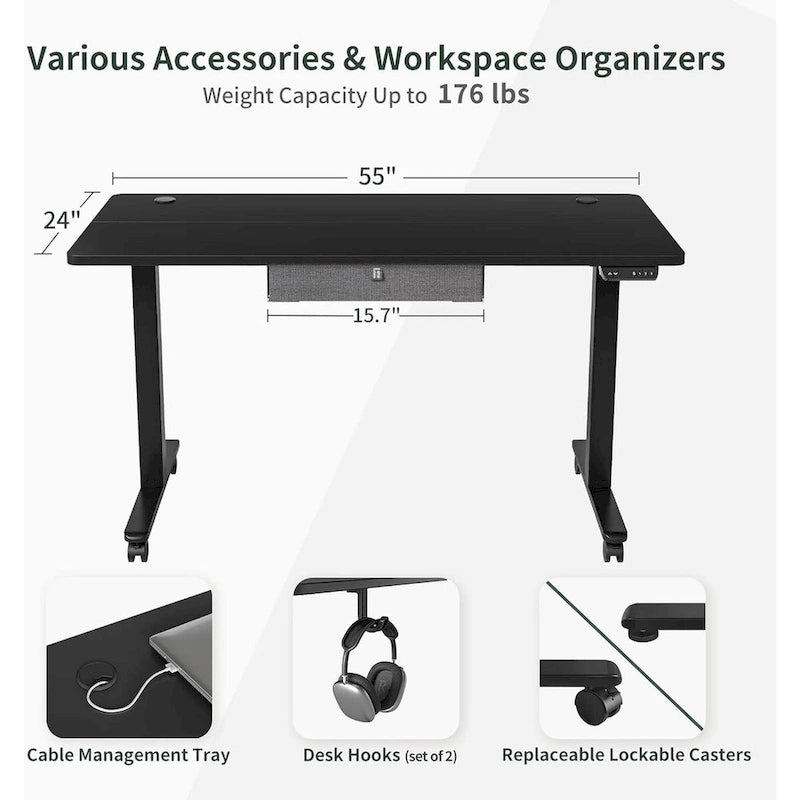 Scrivania regolabile in altezza FEZIBO con cassetto, Scrivania elettrica con altezza regolabile, Scrivania per ufficio e casa, Postazione di lavoro ergonomica