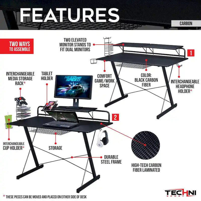 Scrivania da Gaming con Ripiani Techni Sport Carbon Computer