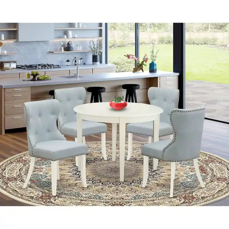  Dining Table Set- a Kitchen Table and Baby Blue Linen Fabric Parson Chairs, Linen White(Pieces Options)