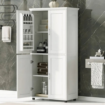Armadietto da terra alto e largo per bagno, Mobiletto contenitore per bagno, Armadietto autoportante con 4 ante, Ripiani regolabili