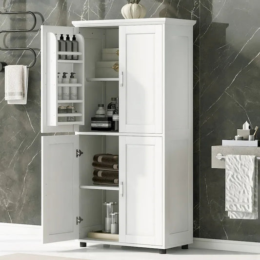 Armadietto da terra alto e largo per bagno, Mobiletto contenitore per bagno, Armadietto autoportante con 4 ante, Ripiani regolabili