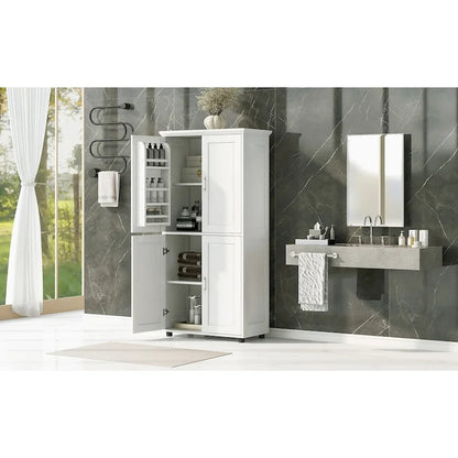 Armadietto da terra alto e largo per bagno, Mobiletto contenitore per bagno, Armadietto autoportante con 4 ante, Ripiani regolabili