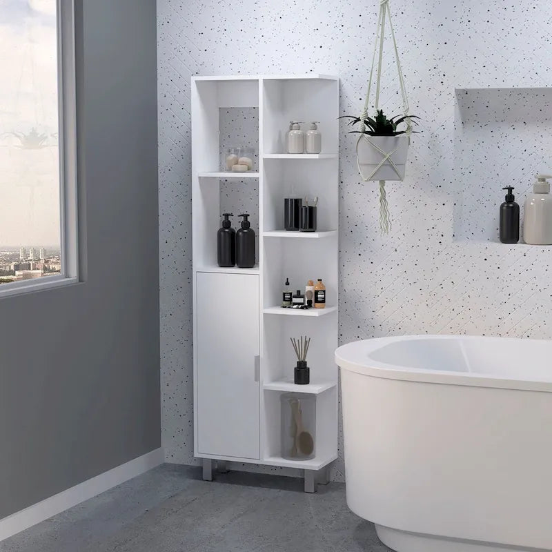 Mobiletto per biancheria da bagno a 9 ripiani, bianco moderno